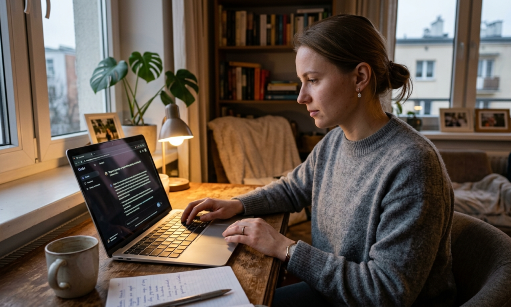 Użytkownik obsługujący Google Gemini 4 Argon na prywatnym laptopie. Nowy model AI, kategoria biznes i rynek tech, Polska i świat.