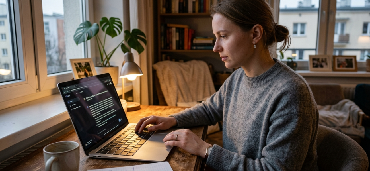 Użytkownik obsługujący Google Gemini 4 Argon na prywatnym laptopie. Nowy model AI, kategoria biznes i rynek tech, Polska i świat.
