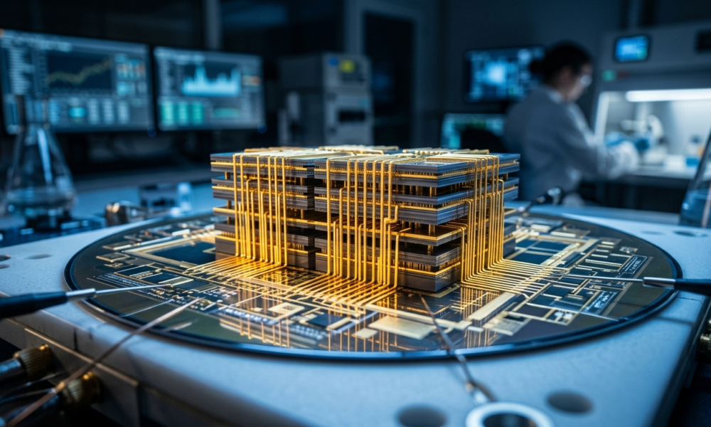 Złote nanostruktury 3D nanostack IBM i Siemens. Precyzyjne stosy krzemowe w niebieskim świetle. Nowoczesna technologia – Polska i świat, biznes i rynek tech.