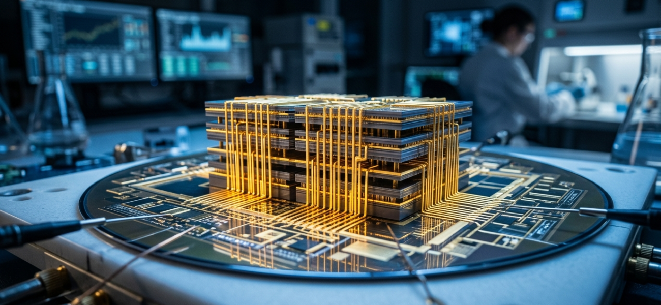 Złote nanostruktury 3D nanostack IBM i Siemens. Precyzyjne stosy krzemowe w niebieskim świetle. Nowoczesna technologia – Polska i świat, biznes i rynek tech.