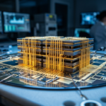 Złote nanostruktury 3D nanostack IBM i Siemens. Precyzyjne stosy krzemowe w niebieskim świetle. Nowoczesna technologia – Polska i świat, biznes i rynek tech.