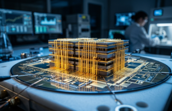 Złote nanostruktury 3D nanostack IBM i Siemens. Precyzyjne stosy krzemowe w niebieskim świetle. Nowoczesna technologia – Polska i świat, biznes i rynek tech.