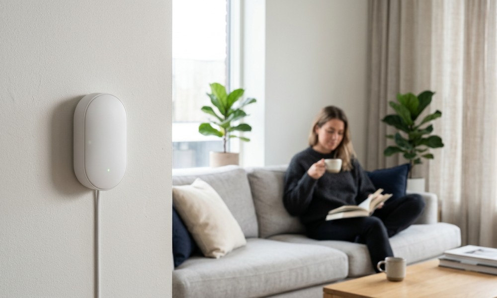 Biały czujnik Shelly Presence Gen4 na ścianie salonu. Sensor radarowy smart home śledzi mikroruchy bez kamer. W tle postać na kanapie w świetle poranka.