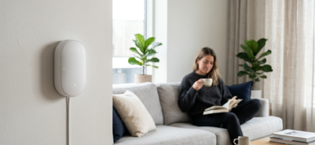 Biały czujnik Shelly Presence Gen4 na ścianie salonu. Sensor radarowy smart home śledzi mikroruchy bez kamer. W tle postać na kanapie w świetle poranka.