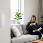 Biały czujnik Shelly Presence Gen4 na ścianie salonu. Sensor radarowy smart home śledzi mikroruchy bez kamer. W tle postać na kanapie w świetle poranka.