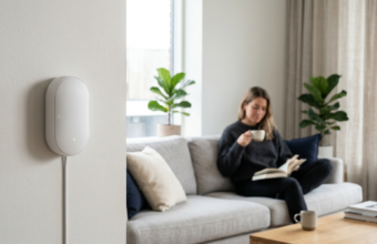 Biały czujnik Shelly Presence Gen4 na ścianie salonu. Sensor radarowy smart home śledzi mikroruchy bez kamer. W tle postać na kanapie w świetle poranka.