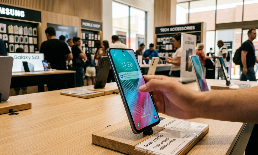 Smartfon Samsung Galaxy F70 5G w zbliżeniu na półce w sklepie. Budżetowy telefon, kategoria gadżety, premiera w Polska i świat. Nowoczesny, smukły design.
