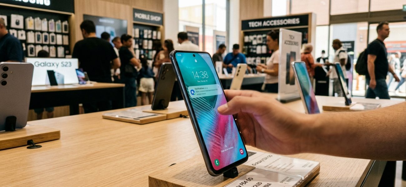 Smartfon Samsung Galaxy F70 5G w zbliżeniu na półce w sklepie. Budżetowy telefon, kategoria gadżety, premiera w Polska i świat. Nowoczesny, smukły design.