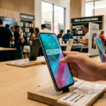 Smartfon Samsung Galaxy F70 5G w zbliżeniu na półce w sklepie. Budżetowy telefon, kategoria gadżety, premiera w Polska i świat. Nowoczesny, smukły design.