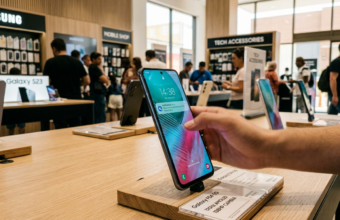 Smartfon Samsung Galaxy F70 5G w zbliżeniu na półce w sklepie. Budżetowy telefon, kategoria gadżety, premiera w Polska i świat. Nowoczesny, smukły design.