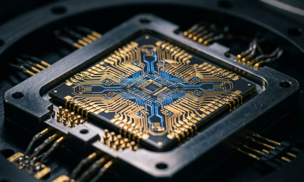 Procesor kwantowy Google: złote obwody i niebieskie ścieżki neuronowe na ciemnym metalu. Innowacyjna technologia przyszłości i nauka – Polska i świat.