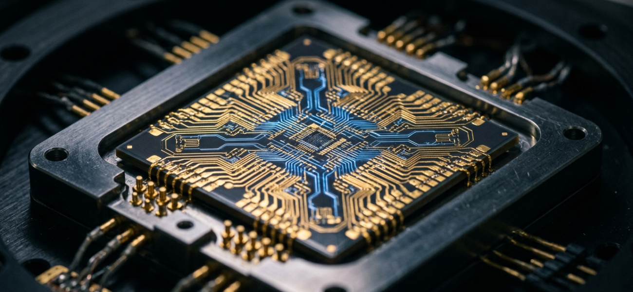 Procesor kwantowy Google: złote obwody i niebieskie ścieżki neuronowe na ciemnym metalu. Innowacyjna technologia przyszłości i nauka – Polska i świat.