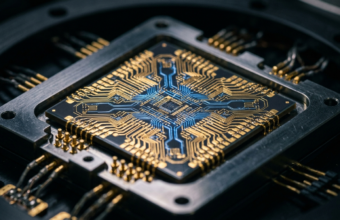 Procesor kwantowy Google: złote obwody i niebieskie ścieżki neuronowe na ciemnym metalu. Innowacyjna technologia przyszłości i nauka – Polska i świat.