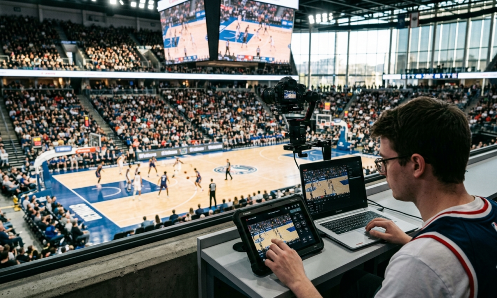 Kibic steruje kamerą Canon na tablecie podczas meczu koszykówki. Technologia, Polska i świat, pozwala na swobodne sterowanie ujęciem z komputera lub tabletu.