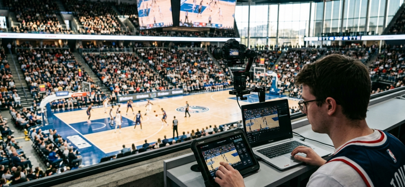 Kibic steruje kamerą Canon na tablecie podczas meczu koszykówki. Technologia, Polska i świat, pozwala na swobodne sterowanie ujęciem z komputera lub tabletu.