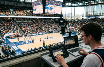 Kibic steruje kamerą Canon na tablecie podczas meczu koszykówki. Technologia, Polska i świat, pozwala na swobodne sterowanie ujęciem z komputera lub tabletu.