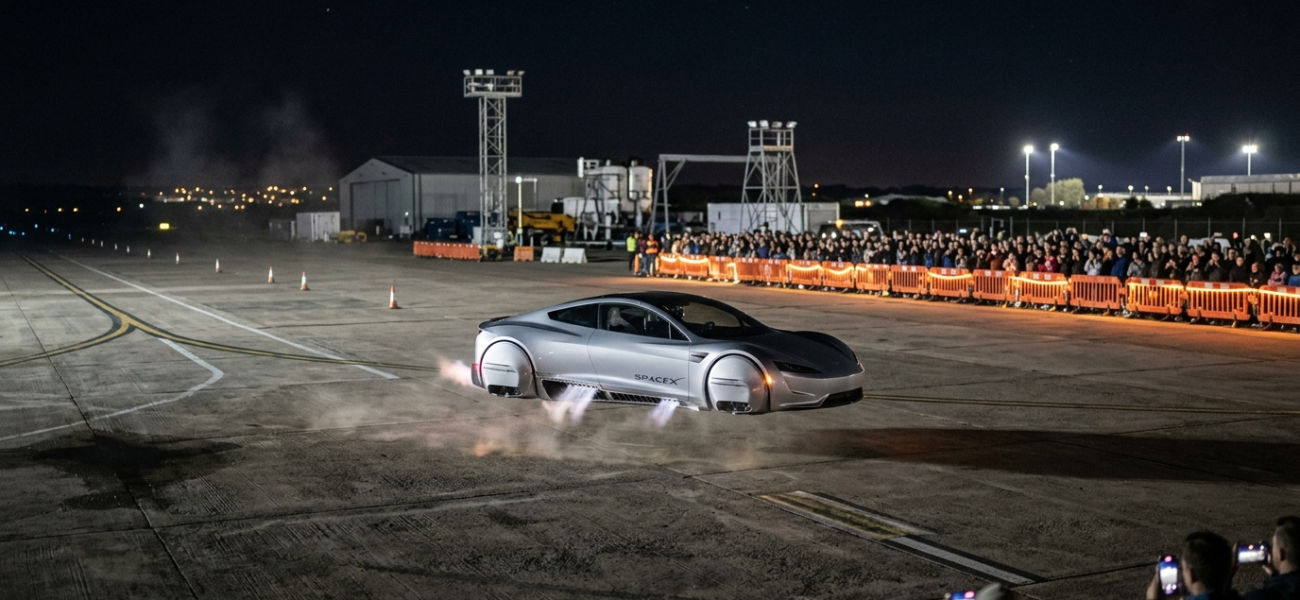 Nowa srebrna futurystyczna Tesla Roadster z silnikami SpaceX unosi się nocą dzięki wywietrznikom w podwoziu i bokach. Widzowie w oddali na torze SpaceX.