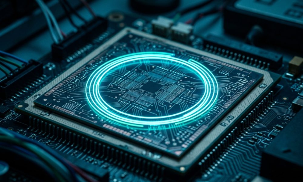 Żyroskop laserowy na chipie z neonową kolistą ścieżką. Krzemowy mikrochip do nawigacji GPS w niebieskim świetle. Nowoczesna technologia, Polska i świat.