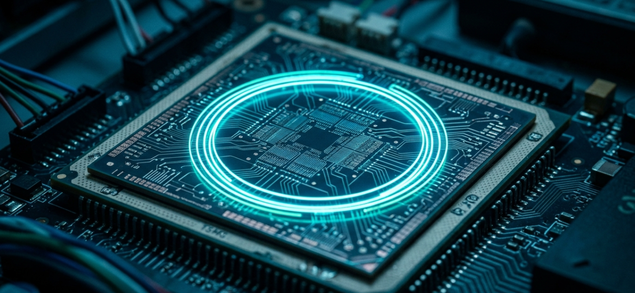 Żyroskop laserowy na chipie z neonową kolistą ścieżką. Krzemowy mikrochip do nawigacji GPS w niebieskim świetle. Nowoczesna technologia, Polska i świat.
