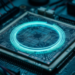 Żyroskop laserowy na chipie z neonową kolistą ścieżką. Krzemowy mikrochip do nawigacji GPS w niebieskim świetle. Nowoczesna technologia, Polska i świat.