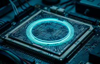 Żyroskop laserowy na chipie z neonową kolistą ścieżką. Krzemowy mikrochip do nawigacji GPS w niebieskim świetle. Nowoczesna technologia, Polska i świat.