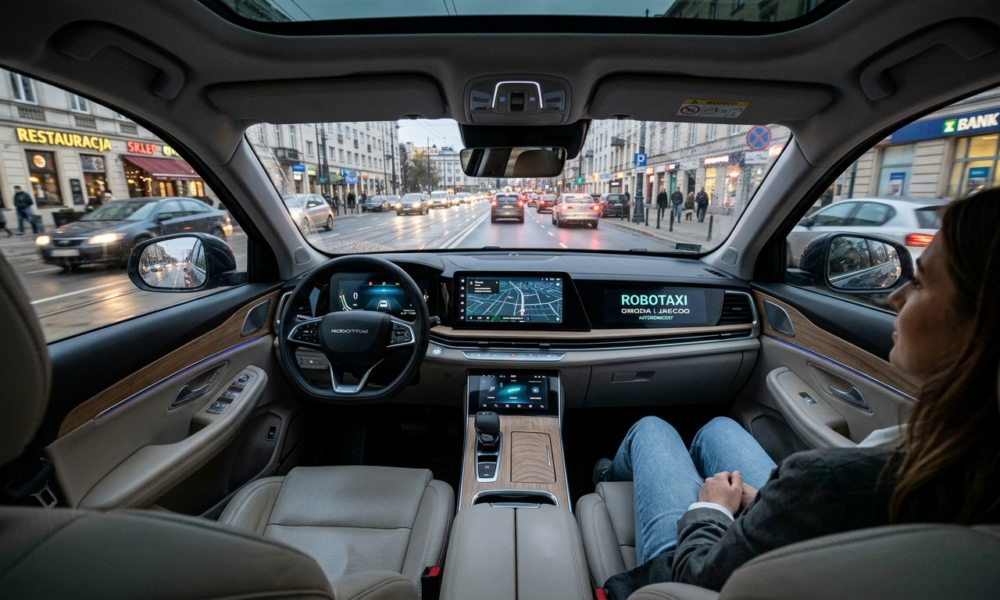 Wnętrze autonomicznego Robotaxi OMODA i JAECOO bez kierowcy. Samochód autonomiczny jadący przez miasto, nowoczesna mobilność i technologia – Polska i świat.
