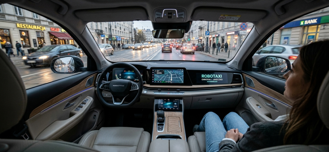Wnętrze autonomicznego Robotaxi OMODA i JAECOO bez kierowcy. Samochód autonomiczny jadący przez miasto, nowoczesna mobilność i technologia – Polska i świat.