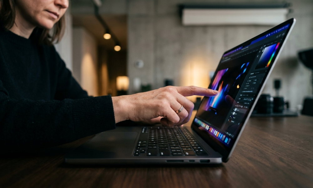 MacBook Pro z ekranem dotykowym OLED i ciemną obudową. Dłoń dotyka matrycy Apple. Minimalistyczny design, głęboka czerń. Technologia w Polska i świat.