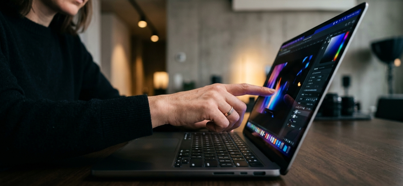 MacBook Pro z ekranem dotykowym OLED i ciemną obudową. Dłoń dotyka matrycy Apple. Minimalistyczny design, głęboka czerń. Technologia w Polska i świat.