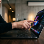 MacBook Pro z ekranem dotykowym OLED i ciemną obudową. Dłoń dotyka matrycy Apple. Minimalistyczny design, głęboka czerń. Technologia w Polska i świat.