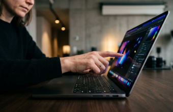 MacBook Pro z ekranem dotykowym OLED i ciemną obudową. Dłoń dotyka matrycy Apple. Minimalistyczny design, głęboka czerń. Technologia w Polska i świat.