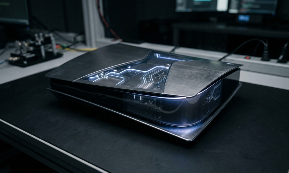 Futurystyczny koncept konsoli PlayStation 6 od Sony. Metaliczna obudowa PS6 i świecące obwody w ciemnym otoczeniu. Gaming nowej generacji, Polska i świat.