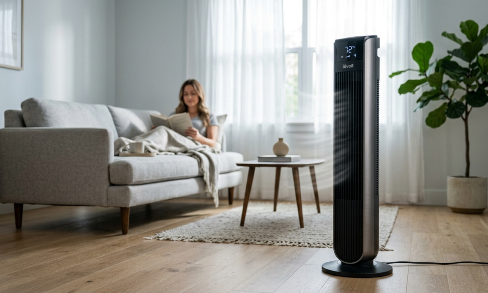 Smukły wentylator kolumnowy Levoit w jasnym salonie. Inteligentne chłodzenie smart home zapewnia komfort termiczny. Polska i świat – dom i lifestyle tech.