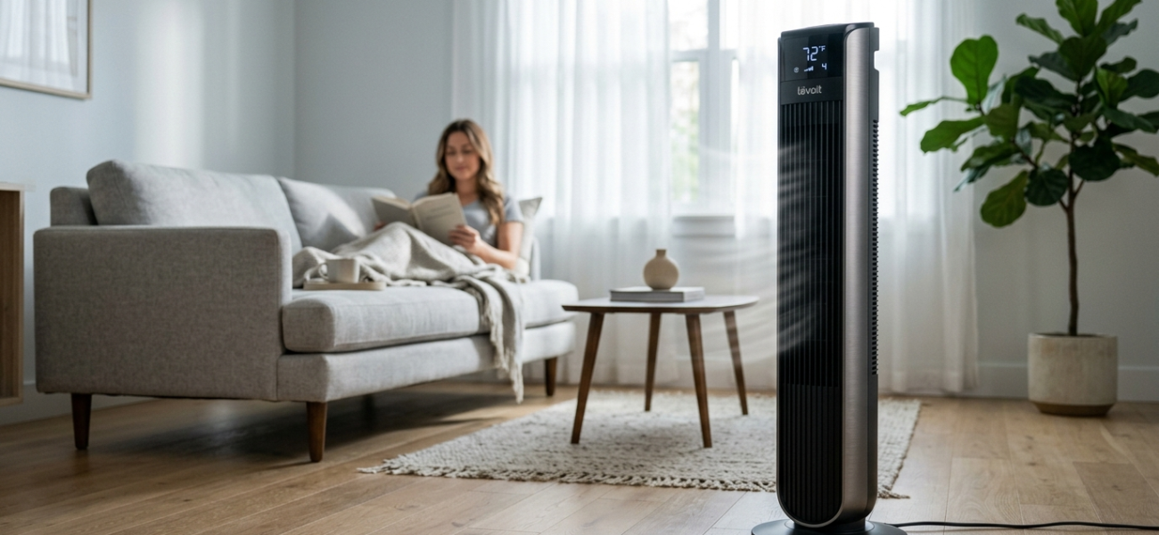 Smukły wentylator kolumnowy Levoit w jasnym salonie. Inteligentne chłodzenie smart home zapewnia komfort termiczny. Polska i świat – dom i lifestyle tech.