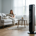 Smukły wentylator kolumnowy Levoit w jasnym salonie. Inteligentne chłodzenie smart home zapewnia komfort termiczny. Polska i świat – dom i lifestyle tech.
