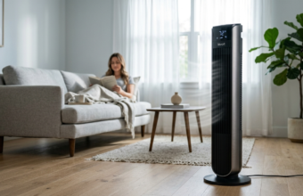 Smukły wentylator kolumnowy Levoit w jasnym salonie. Inteligentne chłodzenie smart home zapewnia komfort termiczny. Polska i świat – dom i lifestyle tech.