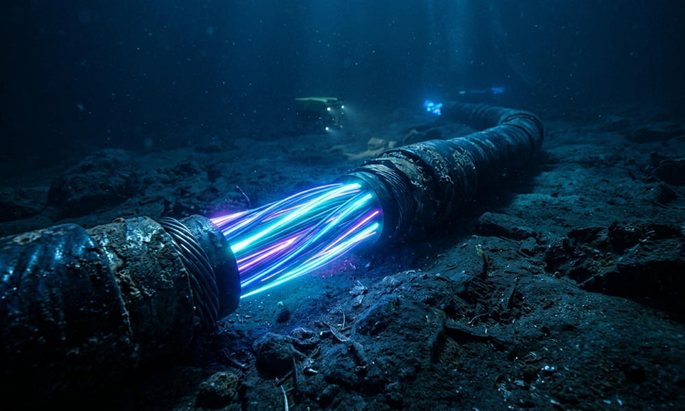 Masywny kabel światłowodowy Meta na dnie oceanu z pulsującym neonowym światłem. Szybki przesył danych i nowoczesna infrastruktura, Polska i świat.