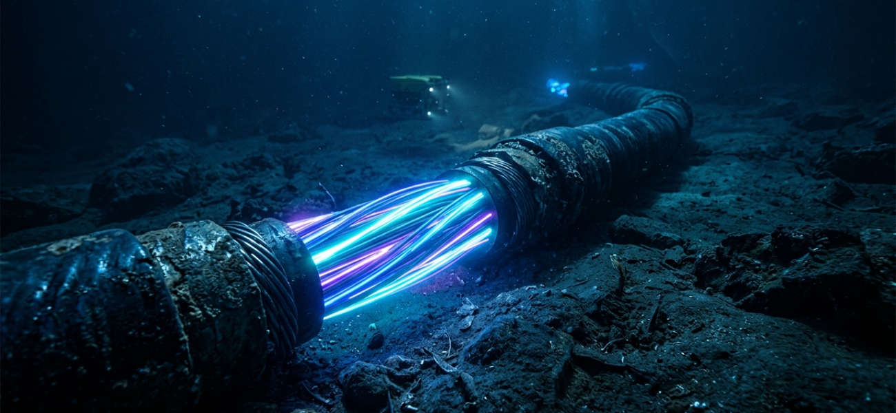 Masywny kabel światłowodowy Meta na dnie oceanu z pulsującym neonowym światłem. Szybki przesył danych i nowoczesna infrastruktura, Polska i świat.