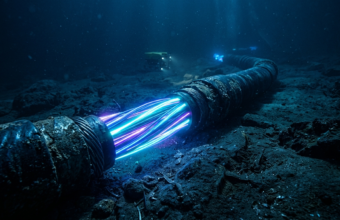 Masywny kabel światłowodowy Meta na dnie oceanu z pulsującym neonowym światłem. Szybki przesył danych i nowoczesna infrastruktura, Polska i świat.