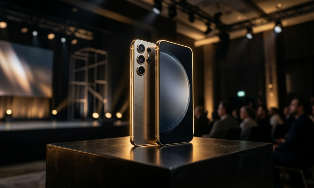 Tytanowy smartfon Samsung Galaxy S27 w złotym oświetleniu krawędziowym. Elegancki design premium w ciemnym studiu. Nowości technologiczne – Polska i świat.