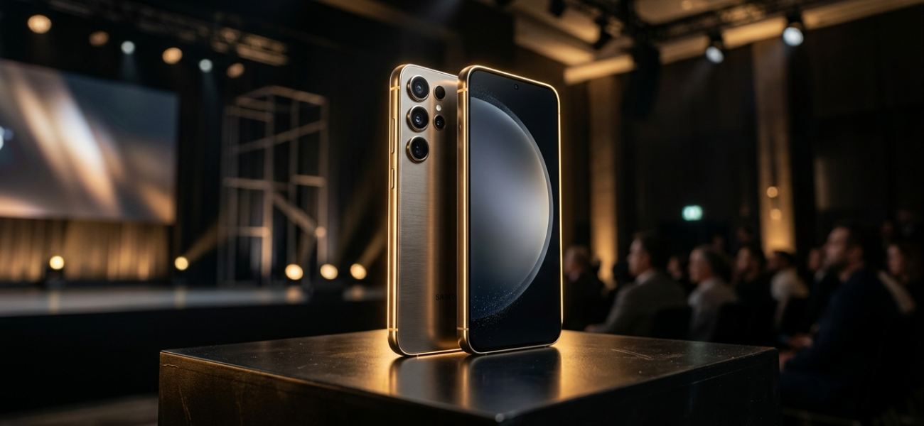 Tytanowy smartfon Samsung Galaxy S27 w złotym oświetleniu krawędziowym. Elegancki design premium w ciemnym studiu. Nowości technologiczne – Polska i świat.