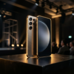 Tytanowy smartfon Samsung Galaxy S27 w złotym oświetleniu krawędziowym. Elegancki design premium w ciemnym studiu. Nowości technologiczne – Polska i świat.