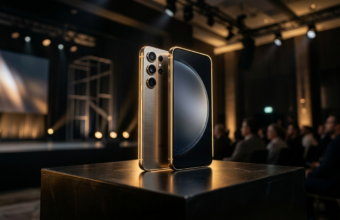 Tytanowy smartfon Samsung Galaxy S27 w złotym oświetleniu krawędziowym. Elegancki design premium w ciemnym studiu. Nowości technologiczne – Polska i świat.