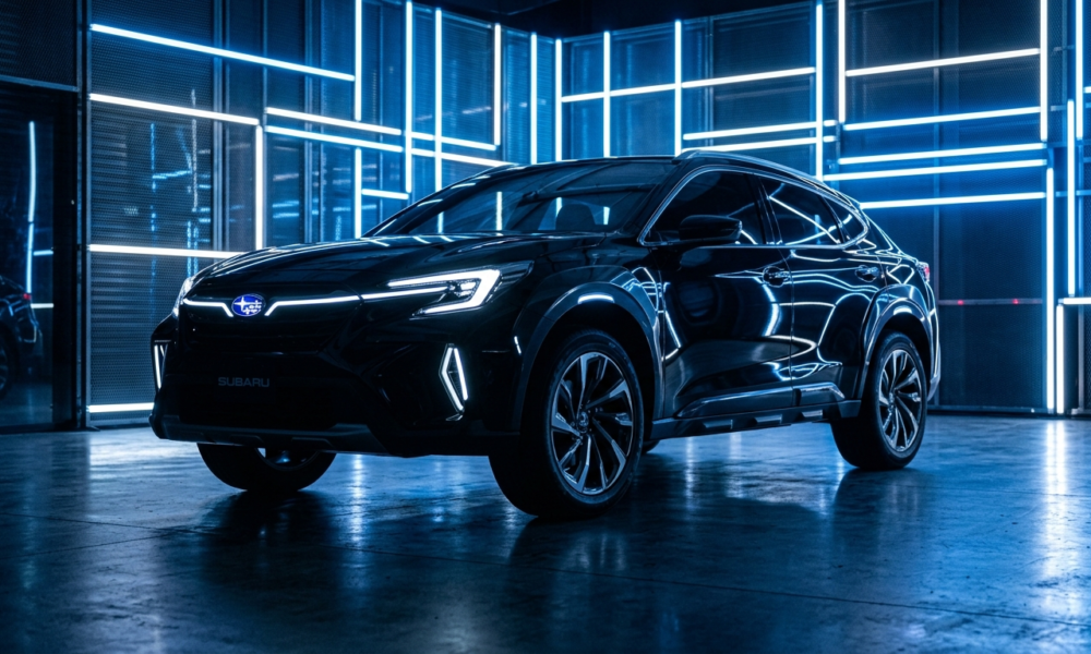 Elektryczny prototyp Subaru Outback w studio z neonami. Aerodynamiczny design, światła LED, niska perspektywa. Motoryzacja, Polska i świat, nowa era mobilności.