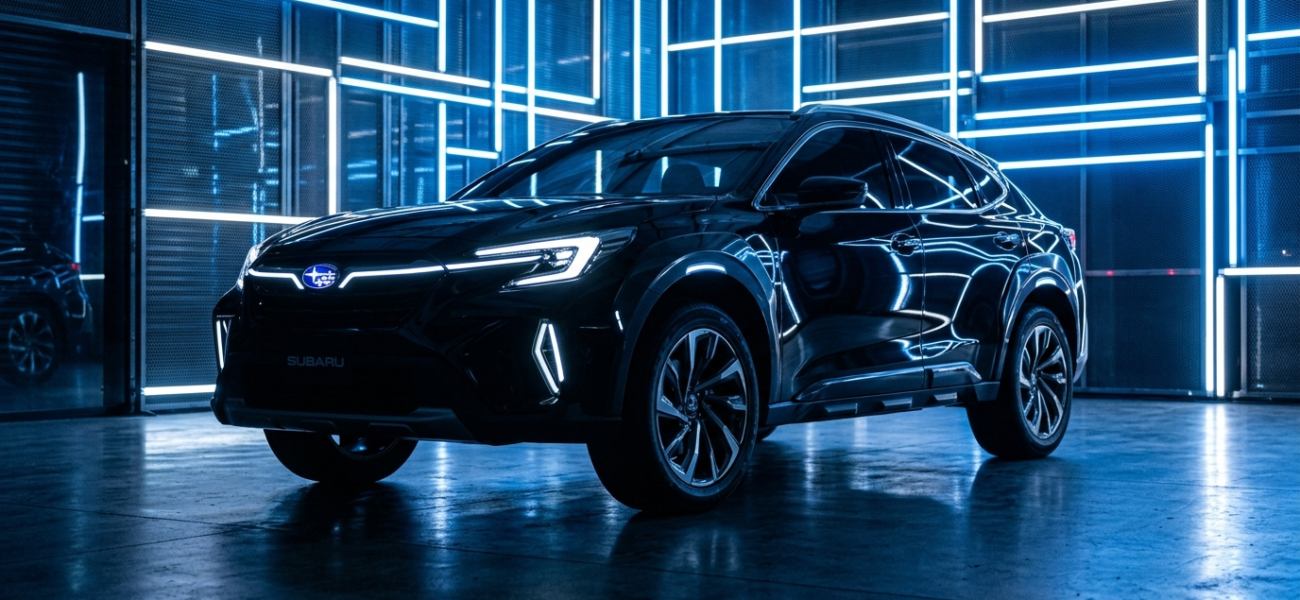 Elektryczny prototyp Subaru Outback w studio z neonami. Aerodynamiczny design, światła LED, niska perspektywa. Motoryzacja, Polska i świat, nowa era mobilności.