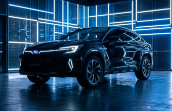 Elektryczny prototyp Subaru Outback w studio z neonami. Aerodynamiczny design, światła LED, niska perspektywa. Motoryzacja, Polska i świat, nowa era mobilności.