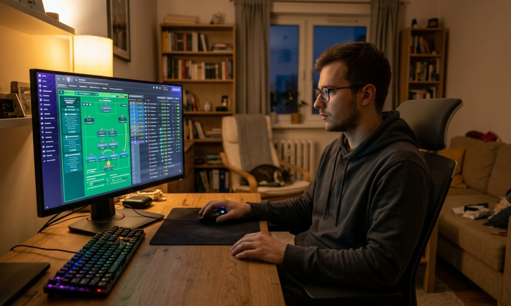 Mężczyzna używa tylko myszki, planując taktykę w Football Manager 27. Gaming w Polska i świat: darmowy dostęp do gry przed oficjalną premierą w domu.