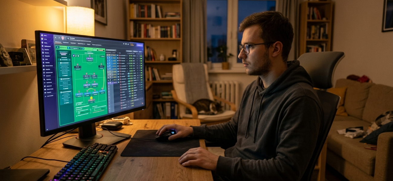 Mężczyzna używa tylko myszki, planując taktykę w Football Manager 27. Gaming w Polska i świat: darmowy dostęp do gry przed oficjalną premierą w domu.
