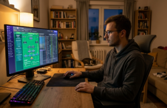 Mężczyzna używa tylko myszki, planując taktykę w Football Manager 27. Gaming w Polska i świat: darmowy dostęp do gry przed oficjalną premierą w domu.