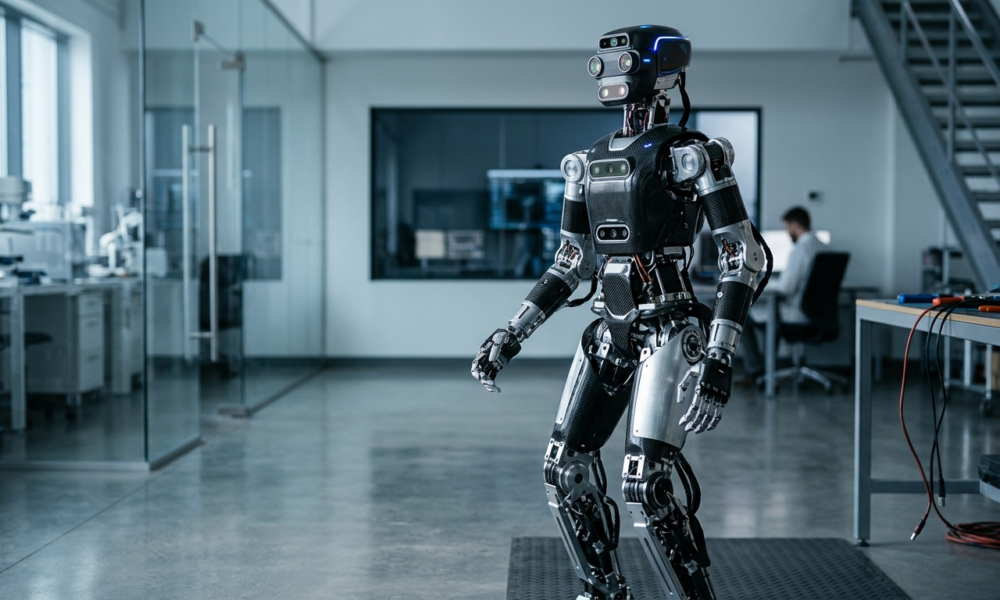 Robot badawczy Agile ONE SN z karbonu w laboratorium. Fizyczna sztuczna inteligencja, nauka i technologie przyszłości, Polska i świat. Precyzyjna konstrukcja.